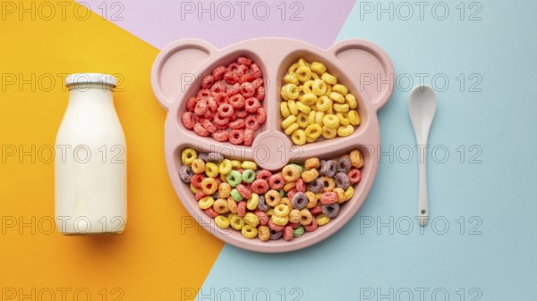 Top view delicious cereal with milk spoon