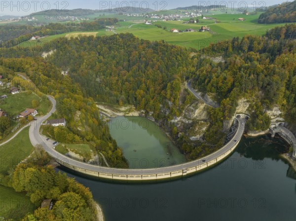 Dam on Lac de Gruyère, Lake Gruyère, reservoir, aerial view, Rossens, Fribourg, Switzerland, Europe