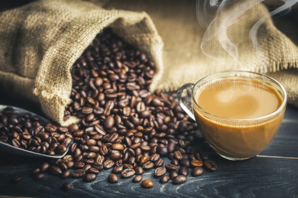 Coffee cup and coffee beans with bag, scoop and smoke, classic concept
