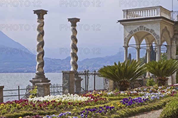 Columns, botanical garden, Villa Carlotta, view of Lake Como, Varenna, province of Lecco, Lombardy,