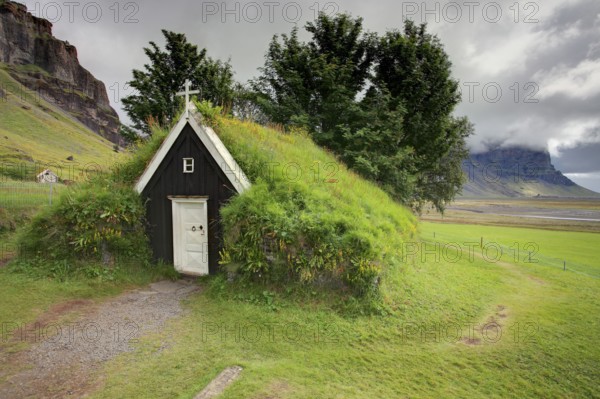 Chapel, Nupstadir, sod house, green roof, Iceland, Europe