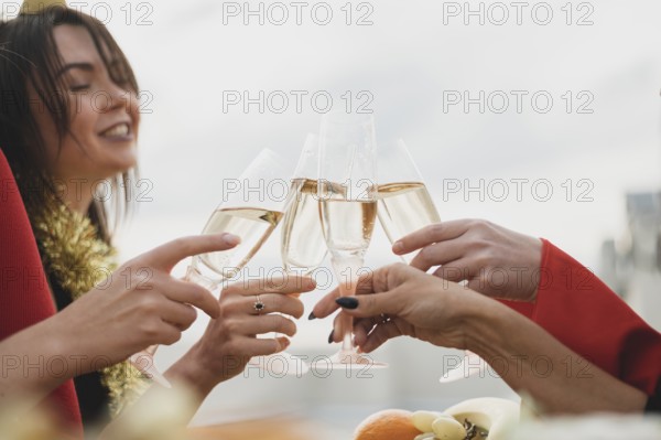 Happy girls cheering up glasses champagne