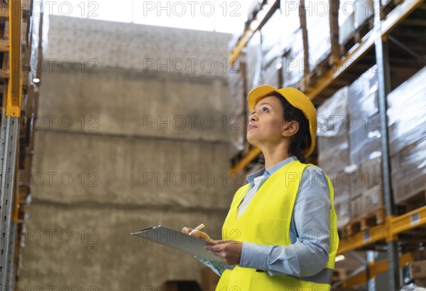 Woman with helmet working warehouse 4
