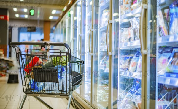 A shopping cart with grocery products in a supermarket