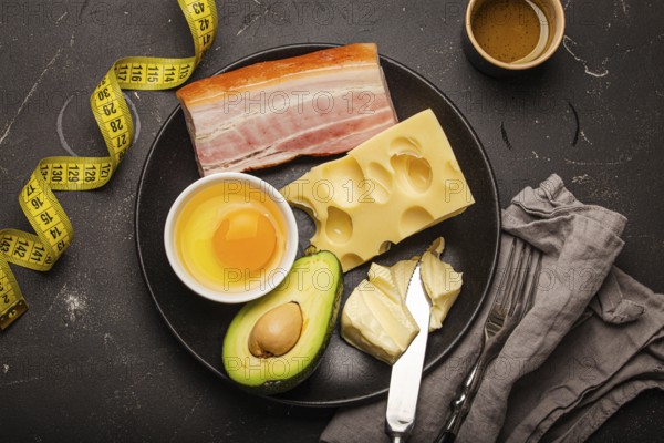 Keto foods as butter, olive oil, fried egg, avocado, fat meat bacon, cheese for ketogenic diet on