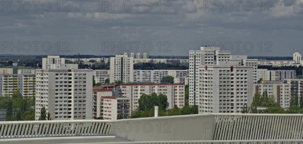 View of prefabricated buildings from the Wolkenhain viewing platform, Marzahn-Hellersdorf, Berlin,