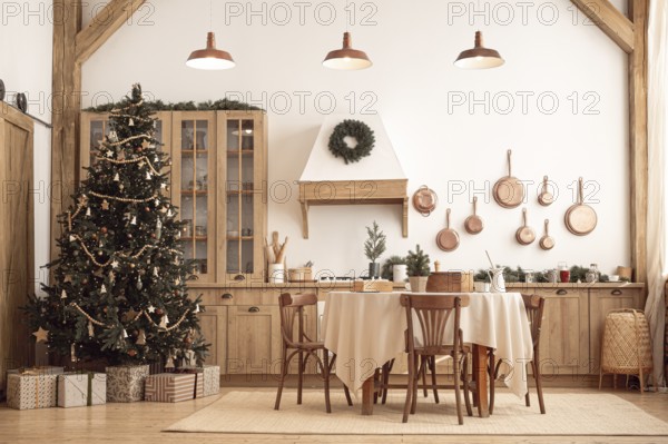 Modern, light, festive, cozy kitchen interior with Christmas and New Year decorations, kitchen
