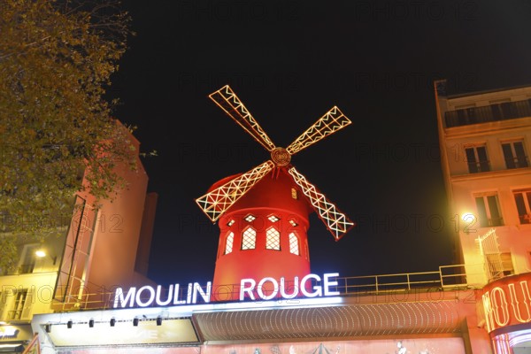 Variety theatre Moulin Rouge at night, Montmartre, Paris, France, Europe