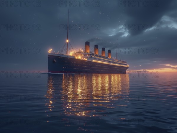 Voyage of the Titanic in the Atlantic on a starry night and calm sea, AI generated