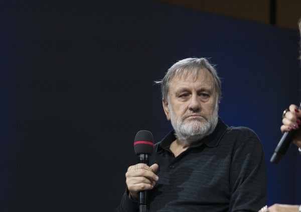FRANKFURT AM MAIN, Germany, October 18 2023: Slavoj Žižek (*1949), on stage at the 75th Frankfurt