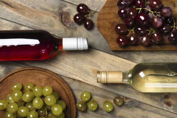 Top view wine bottles with grapes. Resolution and high quality beautiful photo