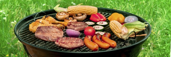 Barbecue panorama. Grilled meat, sausages, chicken, vegetables, with green grass in the background