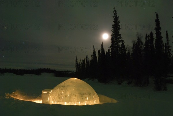 Igloo and full moon, Northwest Territories (Aurora borealis), Canada, North America