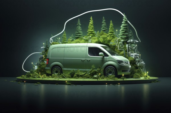 Concept image, electric mobility, green e-car, panel van, green city, AI generated