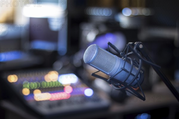 Professional studio microphone, recording studio, equipment in the blurry background