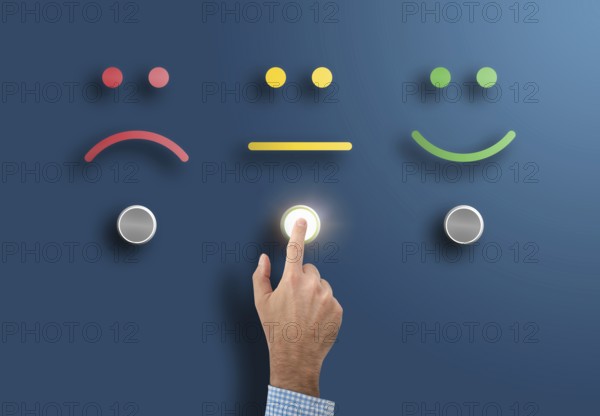 customer service rating and survey concept with hand touching interface button with neutral face