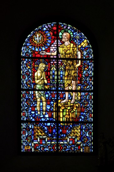 Switzerland, city centre of Chur, church interior, Christian motifs in the church window, St.