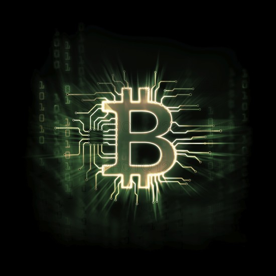 Glowing green Bitcoin ? cryptocurrency, digital decentralized currency symbol, conceptual