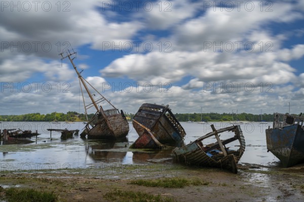 Pin Mill, England - 11 June, 2022: view of the boat graveyard at Pin Mill on the River Orwell in