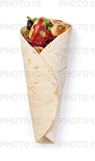 burrito with vegetables and tortilla, isolated on white