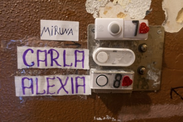 Prostitution, doorbell signs of prostitutes in a prostitution centre, Kassel, Hesse, Germany,