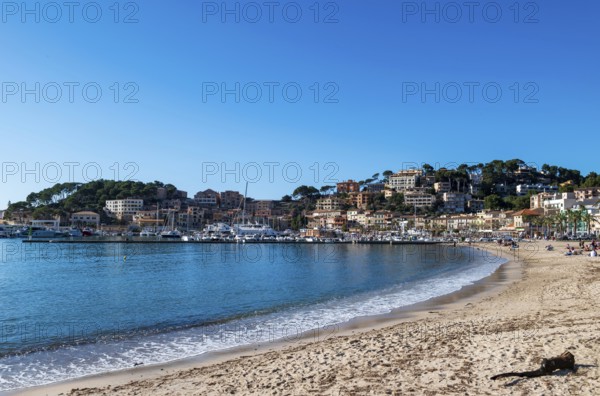 Beach on the promenade of Port de Sóller, north-west coast, Serra de Tramuntana, Majorca, Balearic