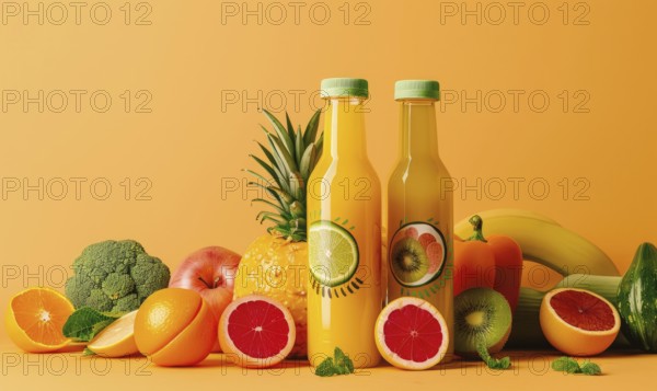 Sleek glass bottle mockup featuring a vibrant cold-pressed juice with fresh fruits and vegetables