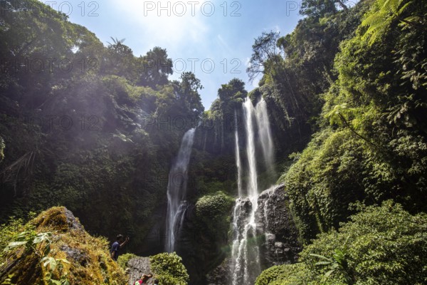 The Sekumpul waterfall, a large waterfall in the middle of the jungle that plunges into a deep