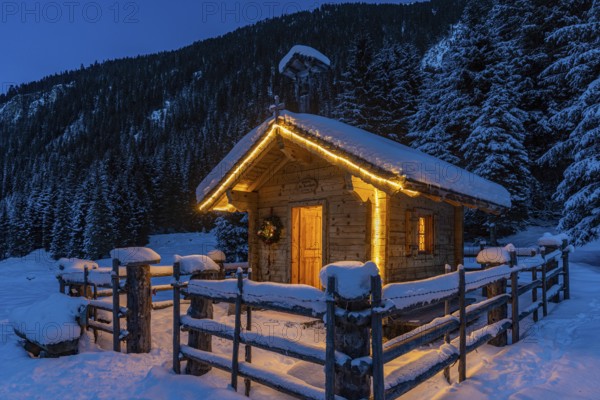 Blue hour at St Leonhard's Chapel, Finkau, Salzburger Land, Austria, Europe