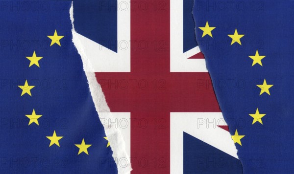 Torn EU flag over UK flag