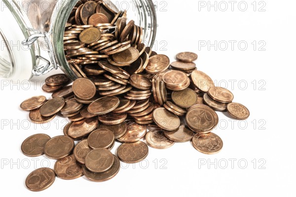 small change euro cent coins pouring out of glass jar isolated on white background, withdrawal of