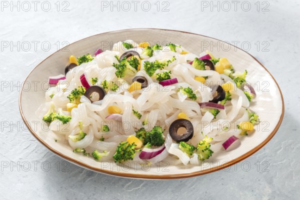 Konjac pasta, a plate of low-calorie fettuccine with broccoli, onions, and other vegetables, a