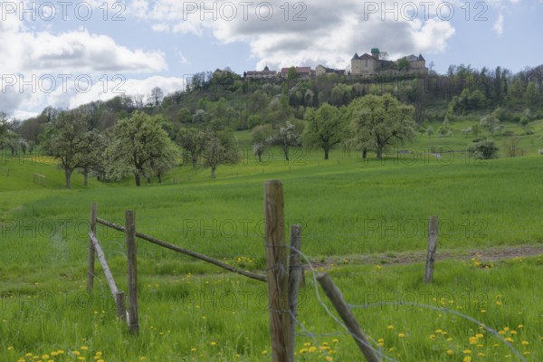 View of the old town and the castle, Waldenburg, Waldenburg mountains, spring, April, Hohenlohe,