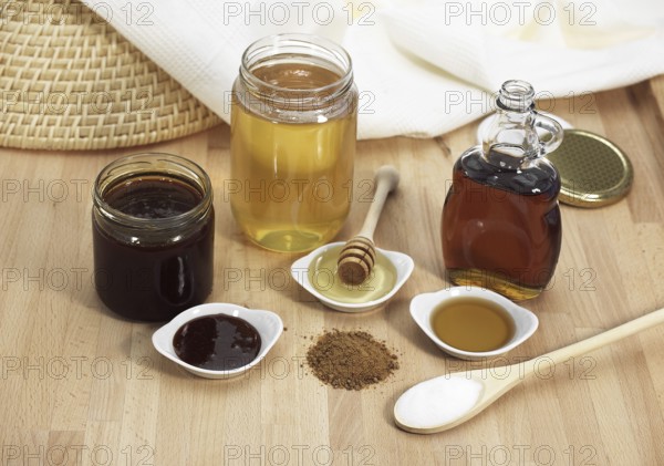 Granulated sugar, brown sugar, maple syrup, syrup and honey