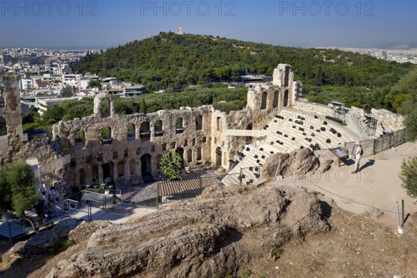 Athens Greece. From the Acropolis view over the city and the Odeon of Herod the Atticus theatre
