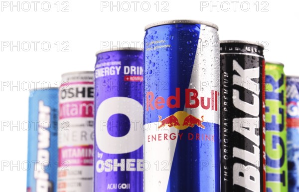 POZNAN, POLAND - JULY 27, 2017: Cans of popular global energy drinks, beverages containing