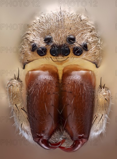 Frontal view of a house spider (Tegenaria) with its distinctive jaw claws