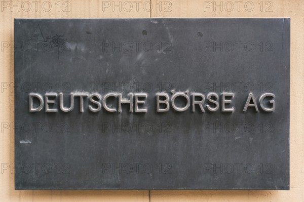 Sign with inscription Deutsche Börse AG, Frankfurt am Main, Hesse, Germany, Europe