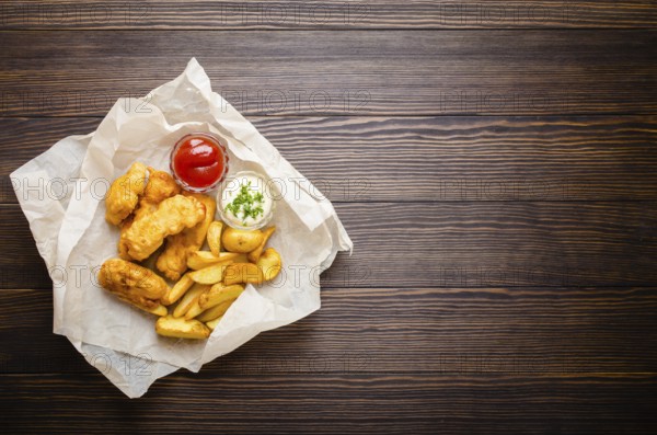 British traditional fast food fish and chips with assorted dips for choice, on paper, rustic wooden