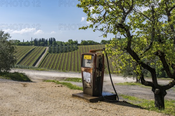 Old petrol pump at the Castello di Ama winery, Chianti region, Tuscany, Italy, Europe