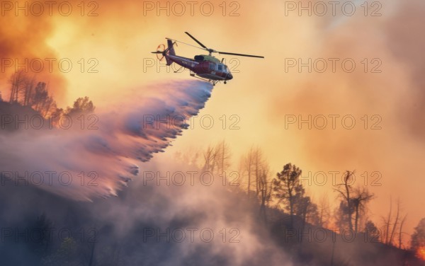 Firefighting helicopter pours water over forest fire, flames, fire inferno, climate change, heat,
