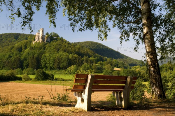 Bench with view of Neideck Castle, castle ruins, Wiesenttal, Franconian Switzerland, Bavaria,