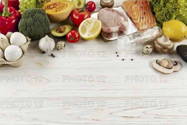 High angle vegetable ingredients meat with copy space