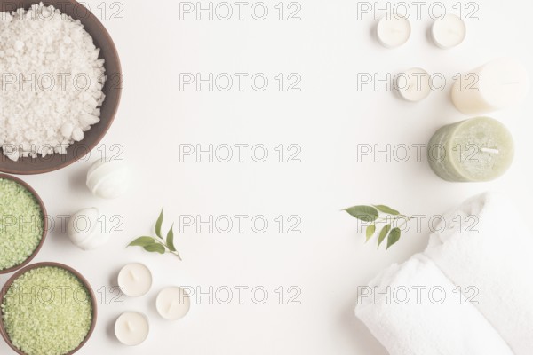 Set spa treatments with aromatic salt candles background. Resolution and high quality beautiful