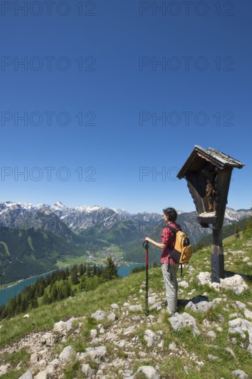 View of Lake Achensee from the Durra Cross, Tyrol, Austria, Europe