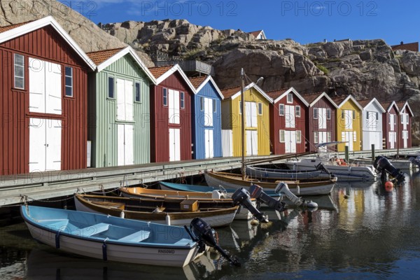 Fishing boats and colourful boathouses, harbour of Smögen, Smögenbryggan, Västra Götaland County,