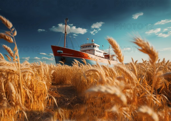 A ship sails through a wheat field, symbolic photo for grain transport from Ukraine
