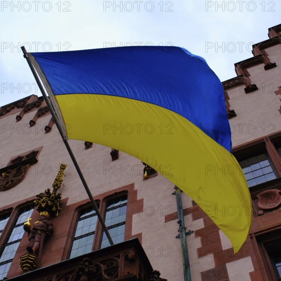 Frankfurt Römer with Ukraine flag in the old town, flag, Frankfurt am Main, Hesse, Germany, Europe