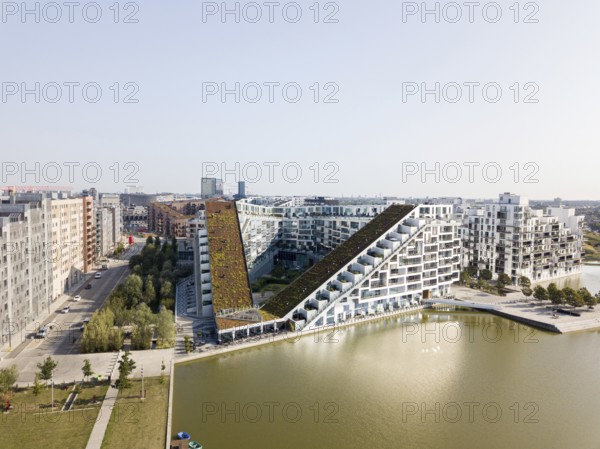 Copenhagen, Denmark, August 26, 2019: Aerial view of the 8 Tallet building, designed by famous