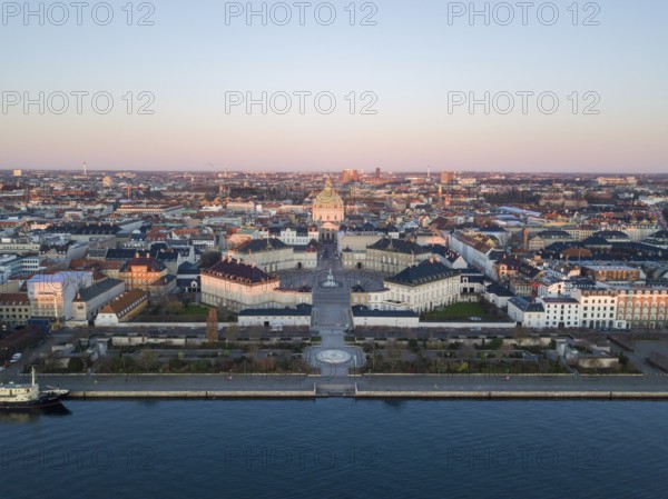Copenhagen, Denmark, February 5, 2020: Aerial drone view of Amalienborg Palace and the Marble
